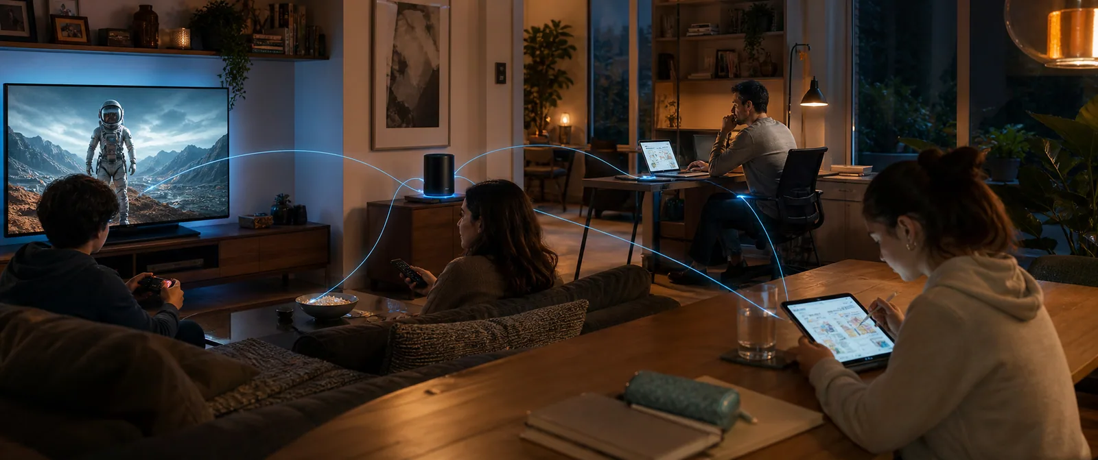 Hogar conectado con streaming, gaming, teletrabajo y estudio en distintos dispositivos