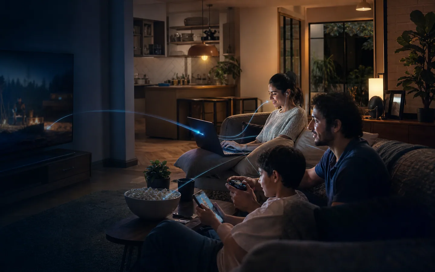 Familia disfrutando streaming, gaming y trabajo remoto en un hogar conectado