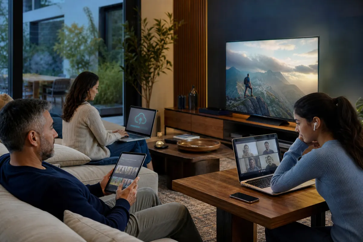 Familia usando videollamada, carga de archivos, streaming y varios dispositivos al mismo tiempo
